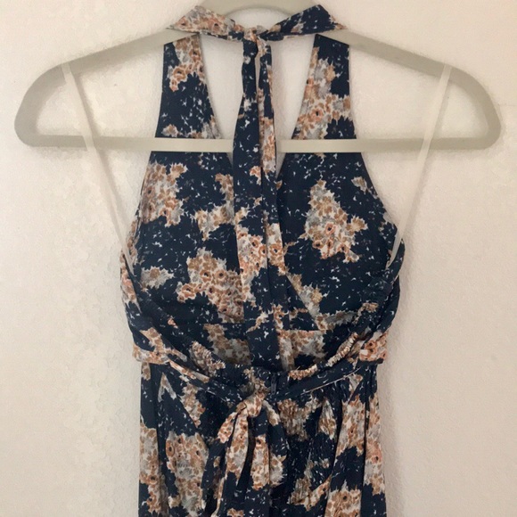 Vintage Huk-a-poo bohemian flowy navy gold flower printed halter tie maxi dress - Picture 7 of 8